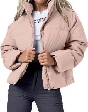 Women's Puffer Jacket Lightweight Oversized Long Sleeve Full Zipper Baggy Short Down Coats with Pockets