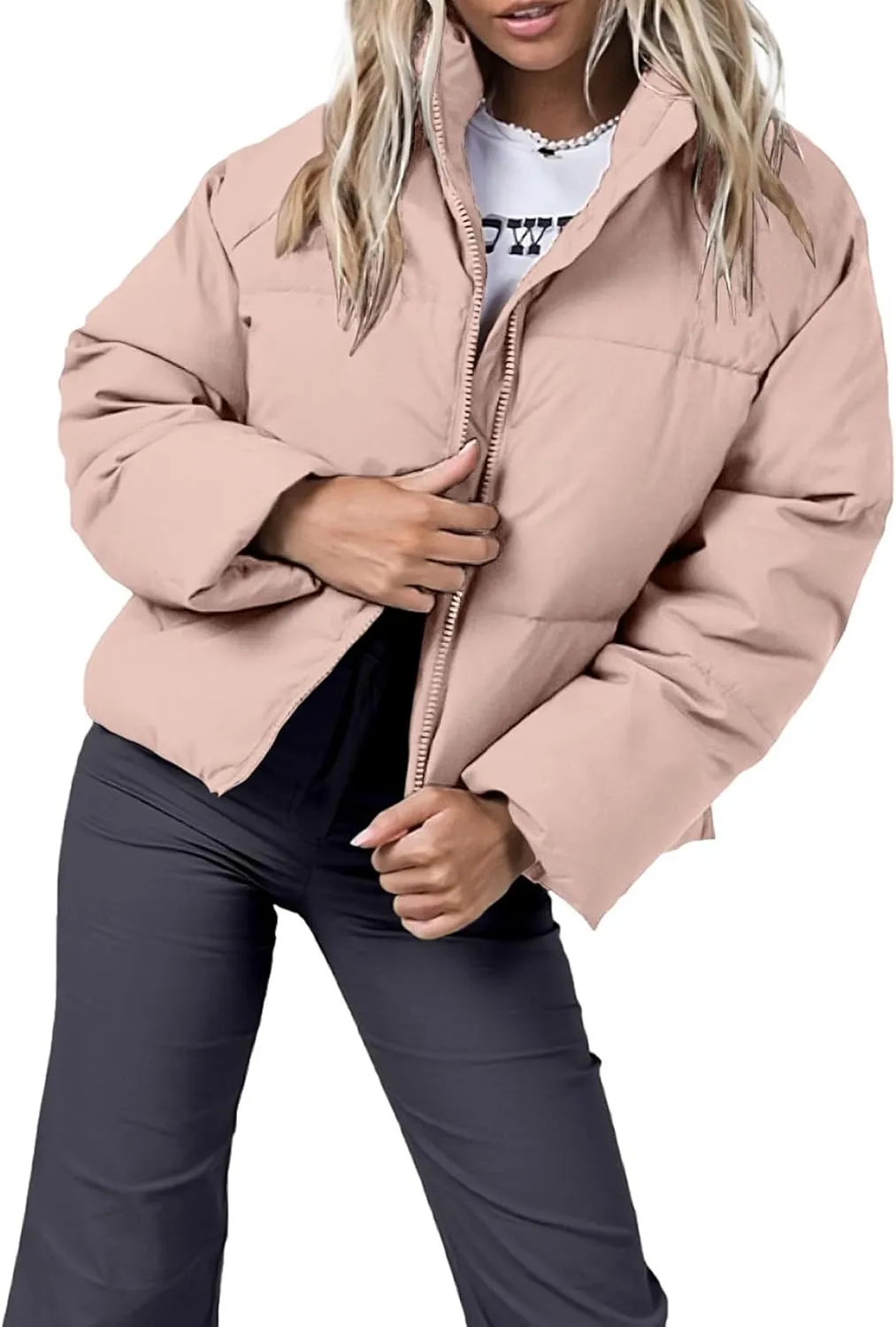 Women's Puffer Jacket Lightweight Oversized Long Sleeve Full Zipper Baggy Short Down Coats with Pockets