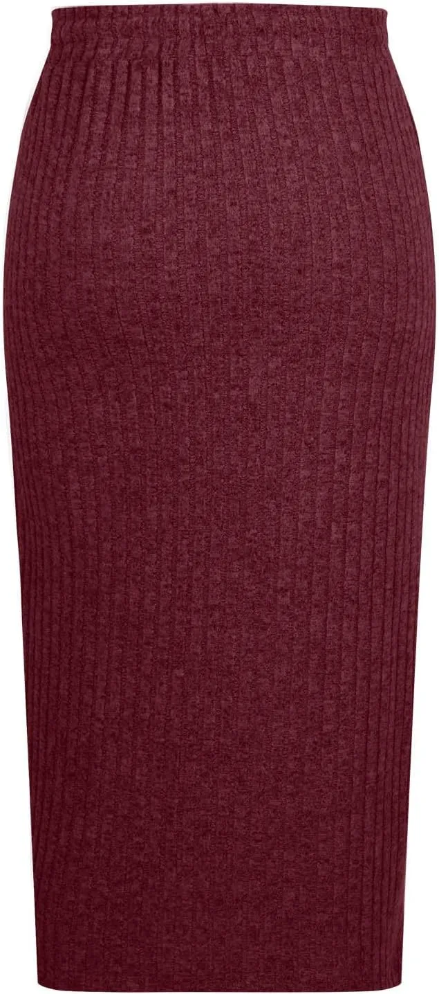 Women's Ribbed Knit Bodycon Maxi Skirt High Waisted Office Pencil Long Skirts Stretchy Mid Length Skirts with Pocket