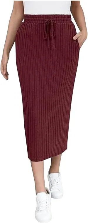 Women's Ribbed Knit Bodycon Maxi Skirt High Waisted Office Pencil Long Skirts Stretchy Mid Length Skirts with Pocket