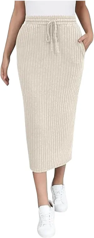 Women's Ribbed Knit Bodycon Maxi Skirt High Waisted Office Pencil Long Skirts Stretchy Mid Length Skirts with Pocket