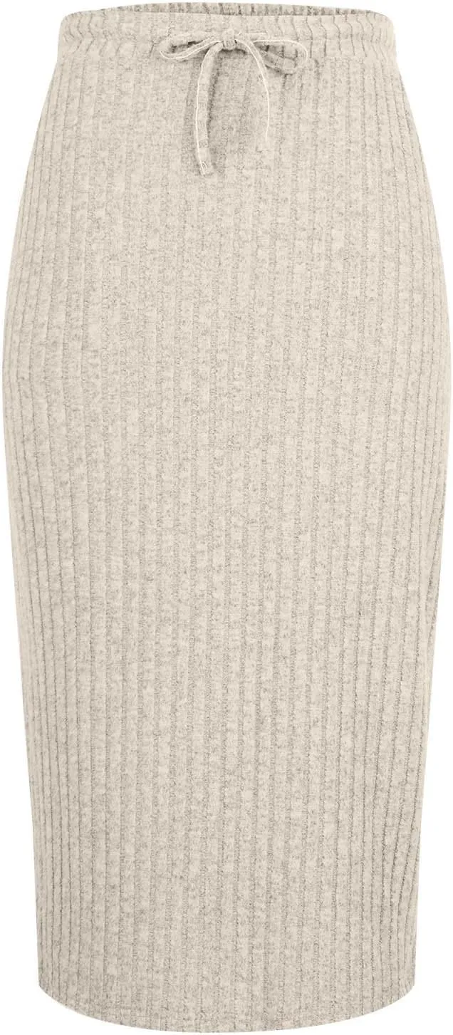 Women's Ribbed Knit Bodycon Maxi Skirt High Waisted Office Pencil Long Skirts Stretchy Mid Length Skirts with Pocket