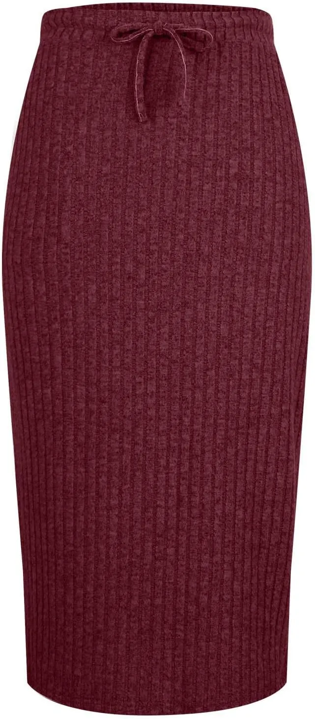 Women's Ribbed Knit Bodycon Maxi Skirt High Waisted Office Pencil Long Skirts Stretchy Mid Length Skirts with Pocket