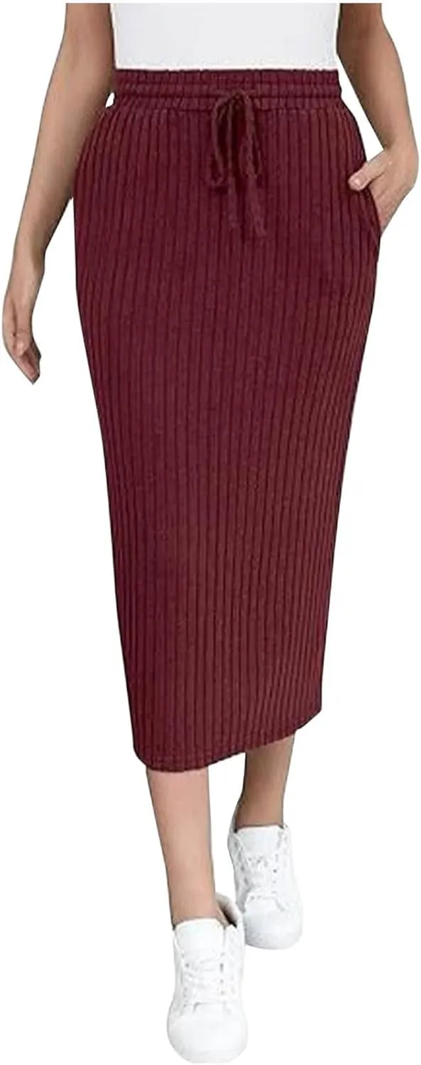 Women's Ribbed Knit Bodycon Maxi Skirt High Waisted Office Pencil Long Skirts Stretchy Mid Length Skirts with Pocket