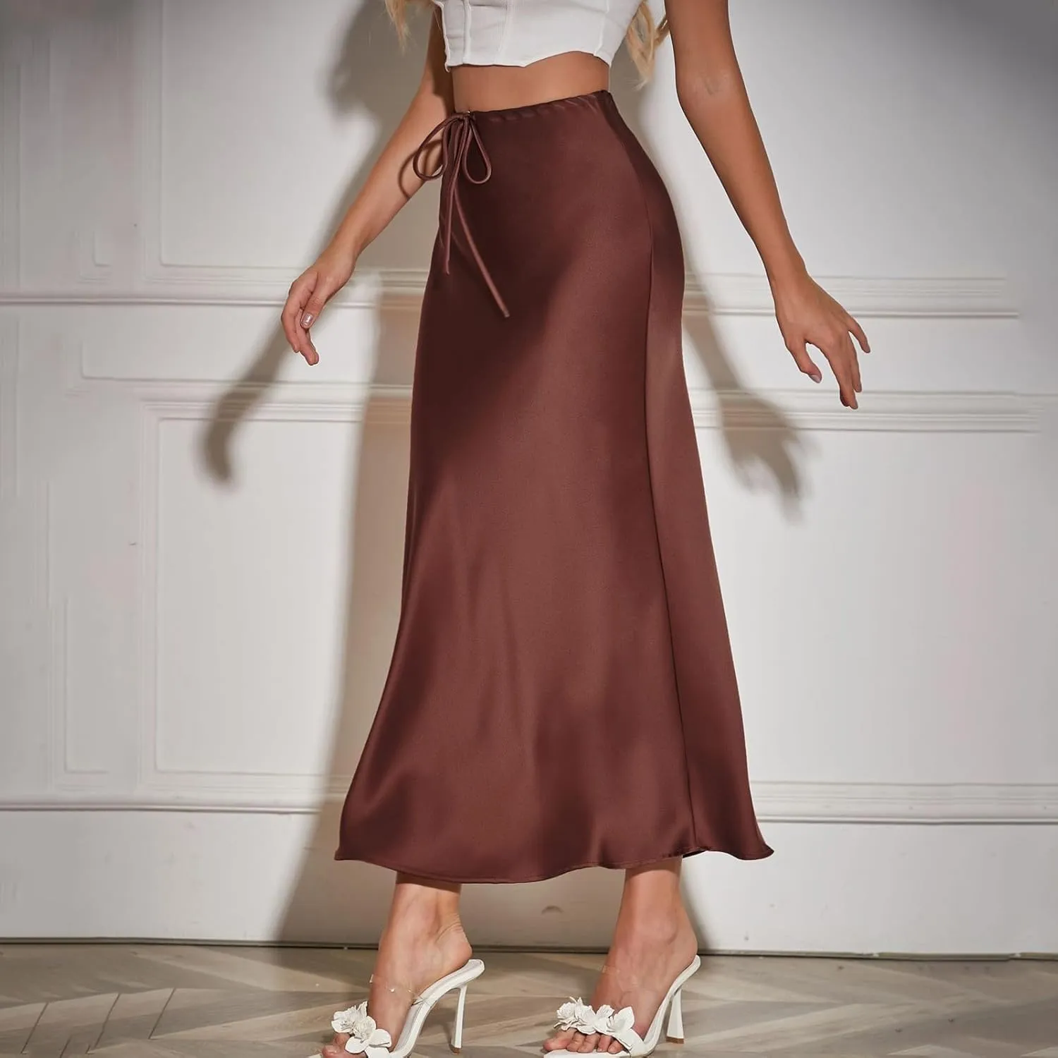 Women's Satin Maxi Skirts High Waist Silk Elegant Flowy Casual A-Line Long Skirt Cocktail Party Weekend Midi Skirt