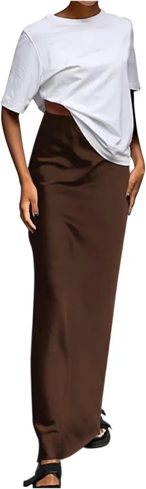 Womens Satin Skirts Casual Silk Midi Skirt High Waisted Long Skirts Flowy Mermaid Skirt 2024 Elegant Work Skirts