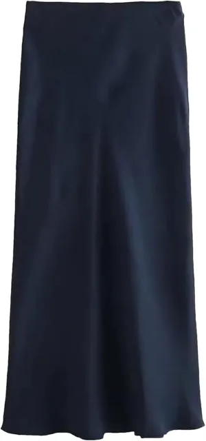 Women's Satin Solid Pleated Midi Skirt Female Vintage Elastic Waist Skirts Casual Party Cocktail Skirts Deep Blue
