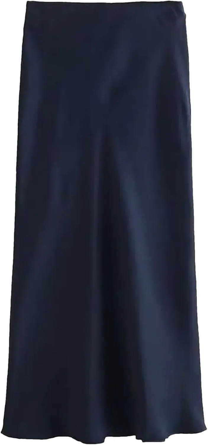 Women's Satin Solid Pleated Midi Skirt Female Vintage Elastic Waist Skirts Casual Party Cocktail Skirts Deep Blue