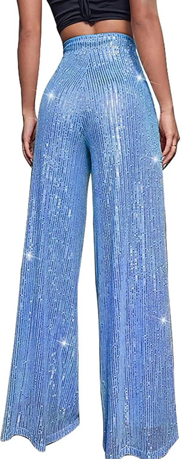 Womens Sequin Flare Pant Women's High Waisted Sequin Loose Drape Wide Leg Pants Fashion Casual Lounge Workout
