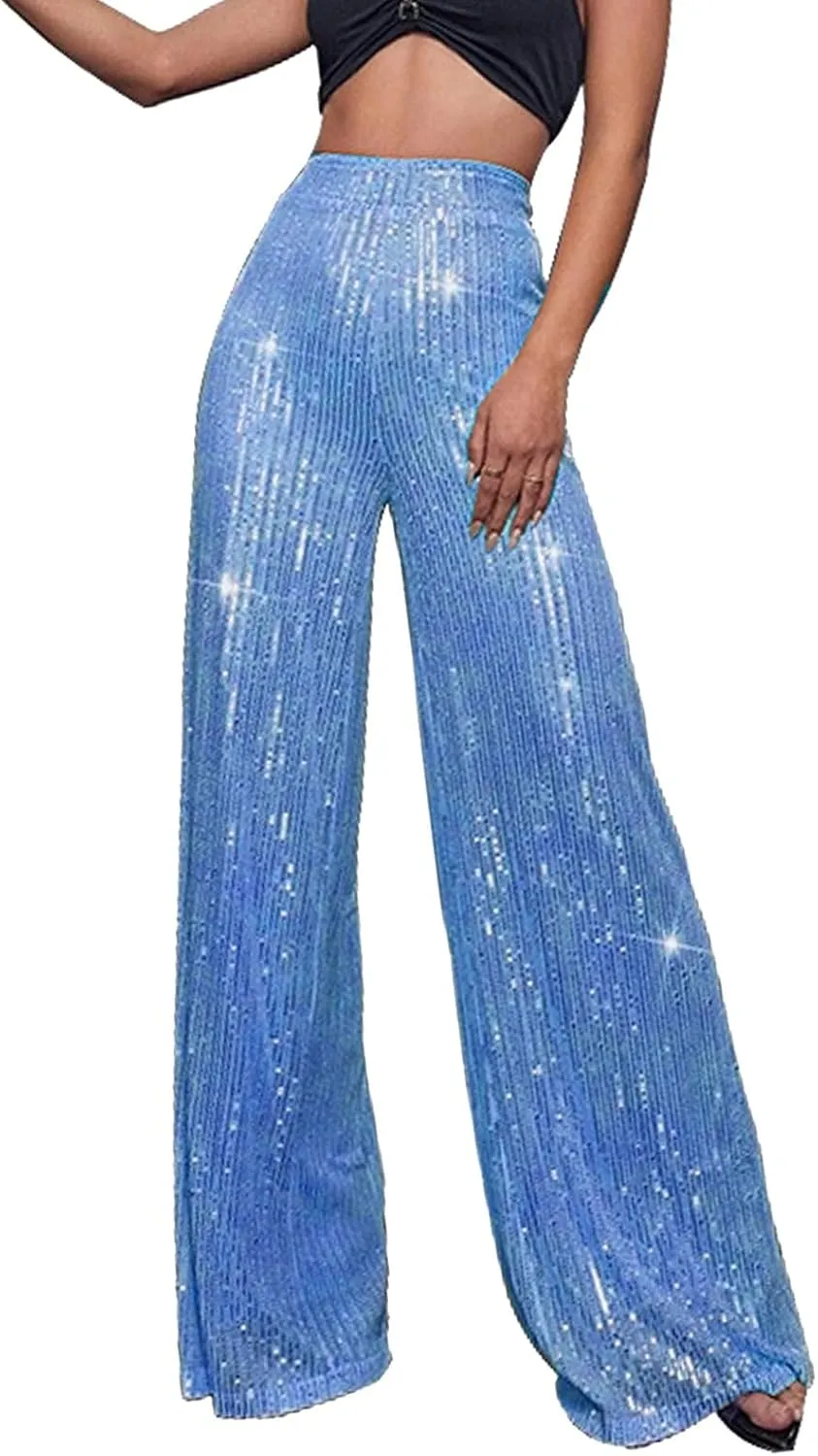 Womens Sequin Flare Pant Women's High Waisted Sequin Loose Drape Wide Leg Pants Fashion Casual Lounge Workout