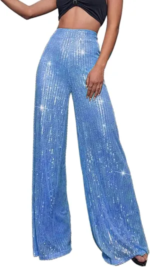 Womens Sequin Flare Pant Women's High Waisted Sequin Loose Drape Wide Leg Pants Fashion Casual Lounge Workout