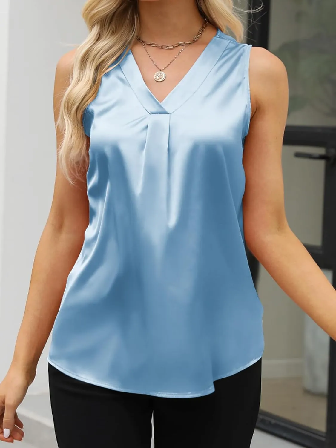 Women's Silk Satin Blouse, Summer Sleeveless Tank Tops, V Neck Camisole Work Shirts for Women
