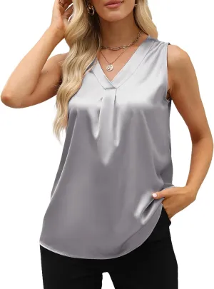 Women's Silk Satin Blouse, Summer Sleeveless Tank Tops, V Neck Camisole Work Shirts for Women
