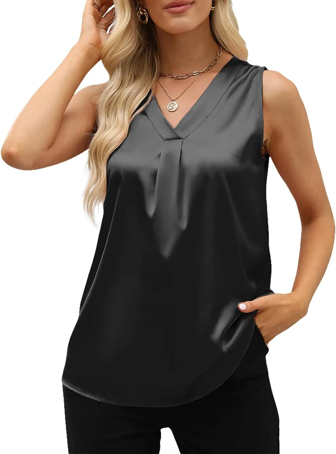 Women's Silk Satin Blouse, Summer Sleeveless Tank Tops, V Neck Camisole Work Shirts for Women
