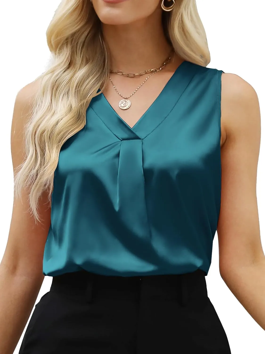 Women's Silk Satin Blouse, Summer Sleeveless Tank Tops, V Neck Camisole Work Shirts for Women