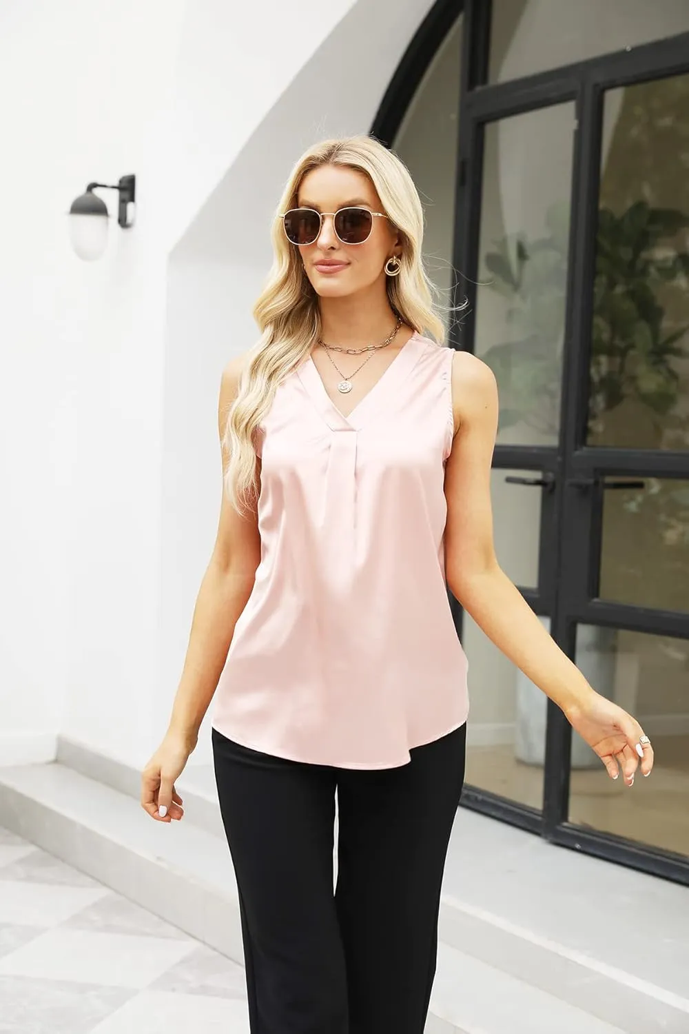 Women's Silk Satin Blouse, Summer Sleeveless Tank Tops, V Neck Camisole Work Shirts for Women