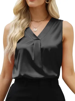 Women's Silk Satin Blouse, Summer Sleeveless Tank Tops, V Neck Camisole Work Shirts for Women