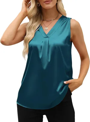 Women's Silk Satin Blouse, Summer Sleeveless Tank Tops, V Neck Camisole Work Shirts for Women