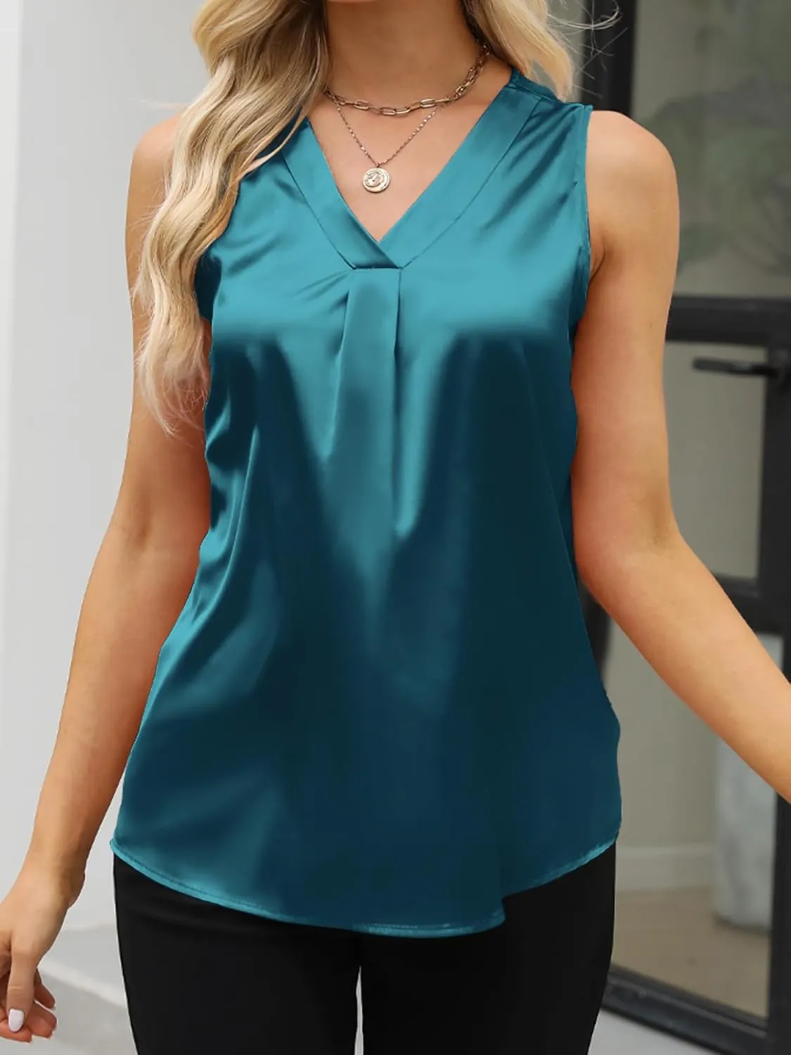 Women's Silk Satin Blouse, Summer Sleeveless Tank Tops, V Neck Camisole Work Shirts for Women