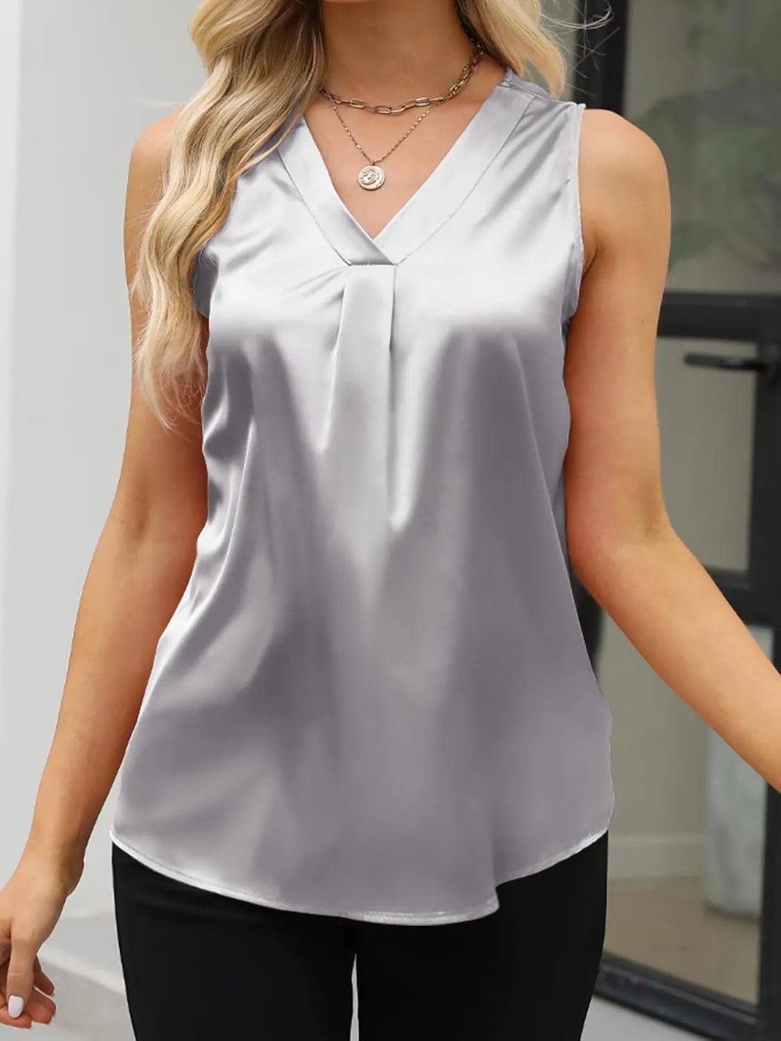 Women's Silk Satin Blouse, Summer Sleeveless Tank Tops, V Neck Camisole Work Shirts for Women