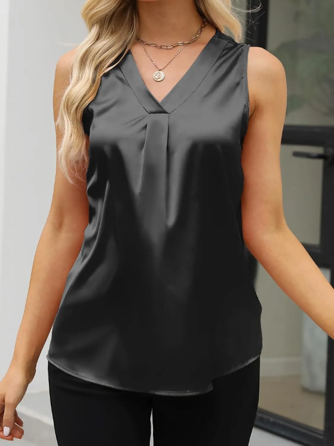 Women's Silk Satin Blouse, Summer Sleeveless Tank Tops, V Neck Camisole Work Shirts for Women