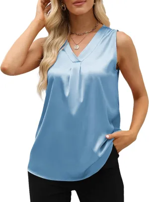 Women's Silk Satin Blouse, Summer Sleeveless Tank Tops, V Neck Camisole Work Shirts for Women