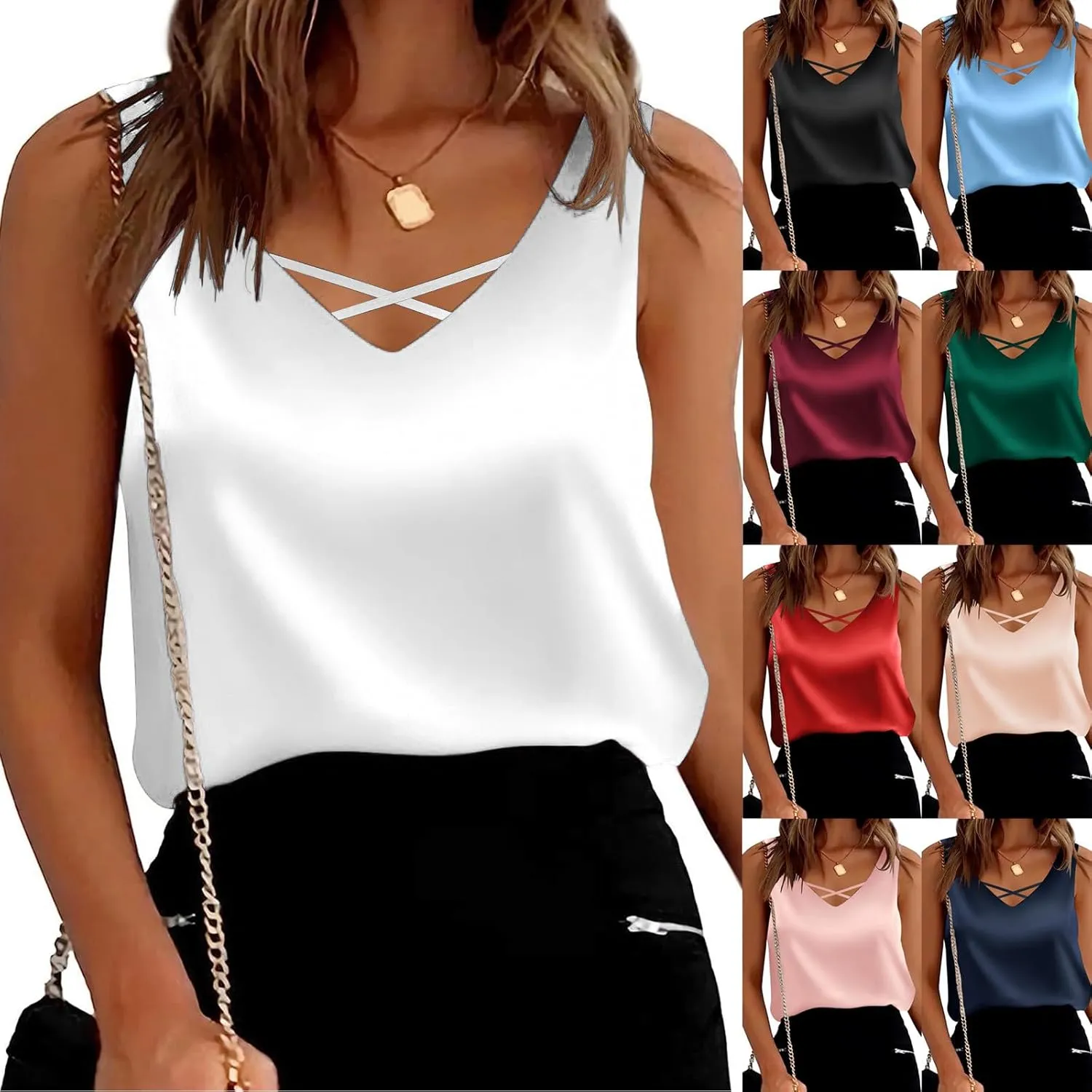 Womens Silk Satin Tank Tops V Neck Casual Solid Sexy Cami Sleeveless Camisole Blouses Summer Basic Work Shirt