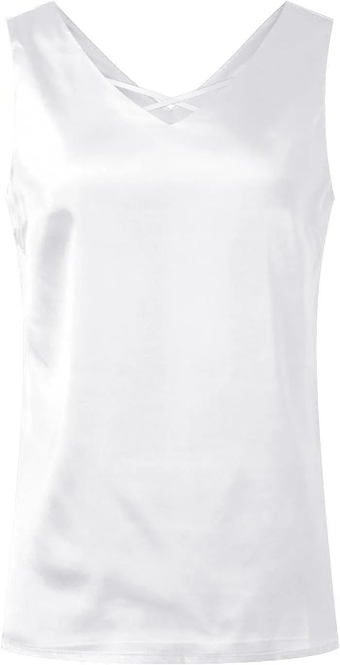 Womens Silk Satin Tank Tops V Neck Casual Solid Sexy Cami Sleeveless Camisole Blouses Summer Basic Work Shirt