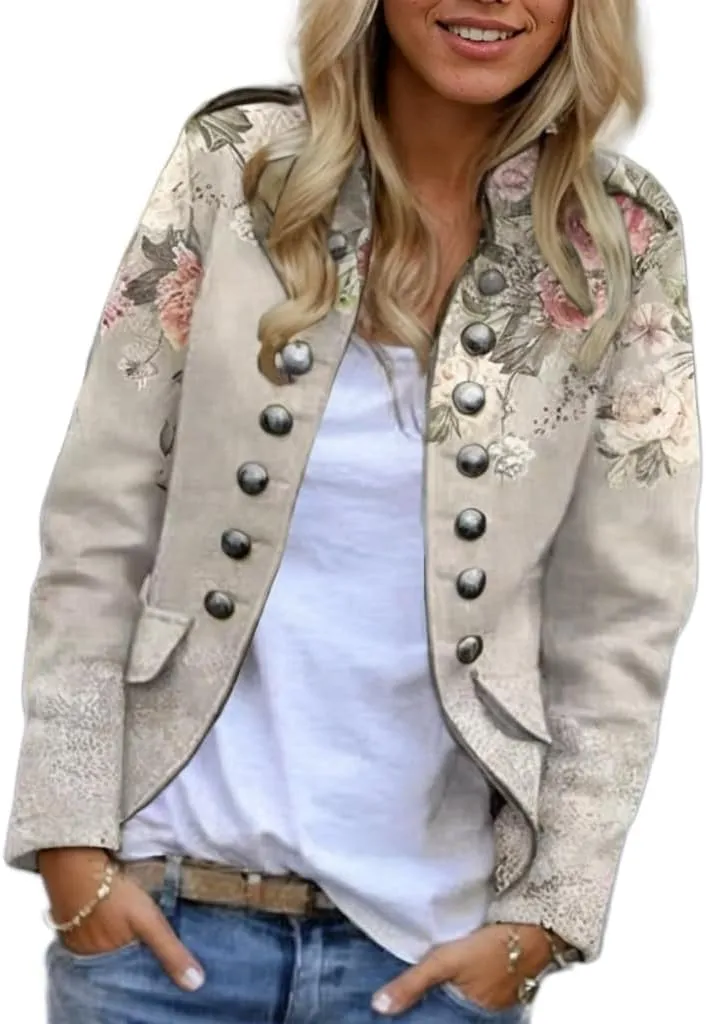 Women's Spring Double Breasted Open Front Blazers Jacket Business Casual Lightweight Stand Collar Cropped Coat