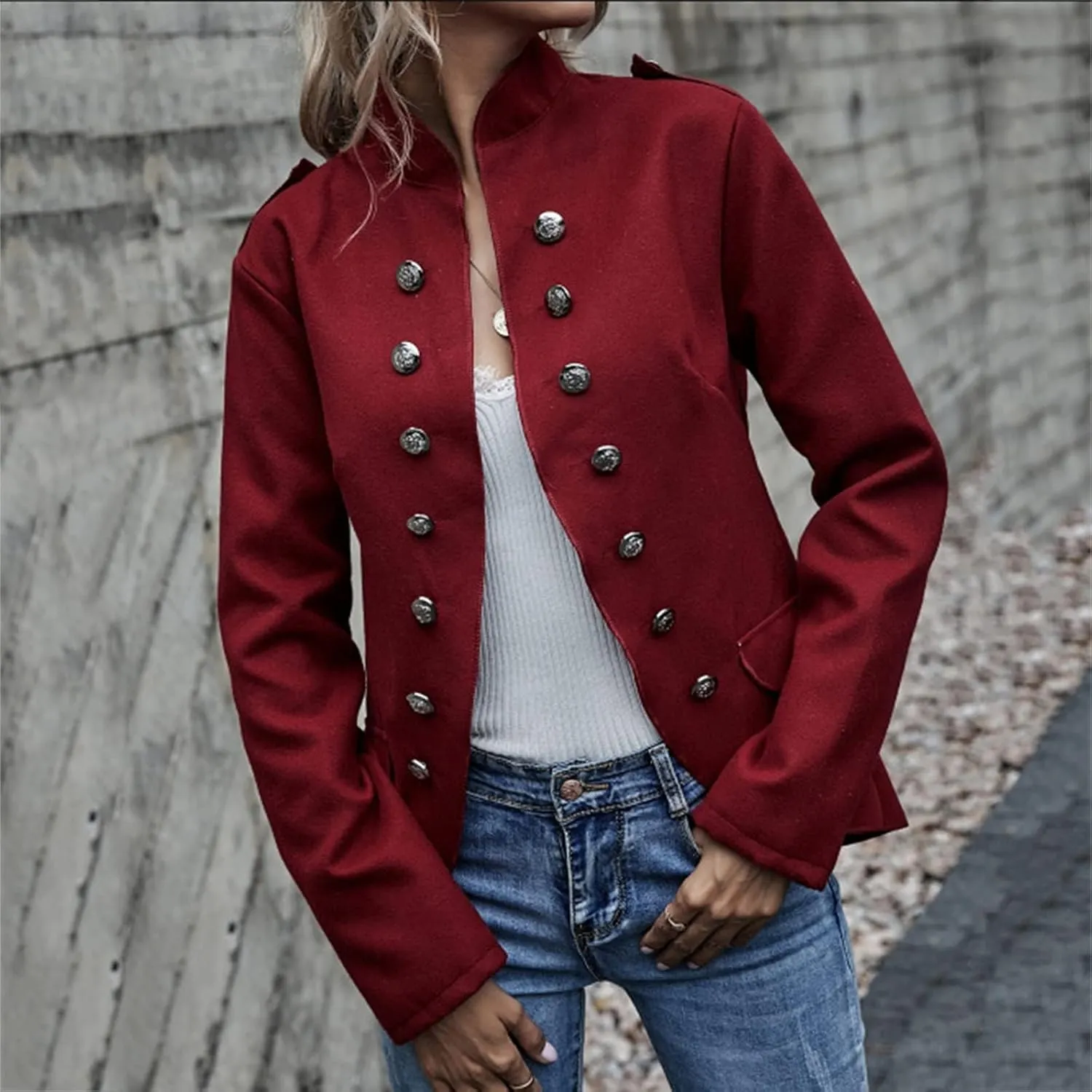 Women's Spring Double Breasted Open Front Blazers Jacket Business Casual Lightweight Stand Collar Cropped Coat
