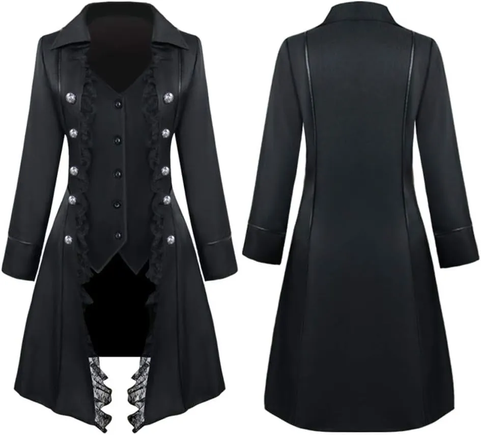 Women's Steampunk Trench Coats with Lace Trim Long Sleeve Vampire Cosplay Lapel Long Winter Jacket Halloween Costume