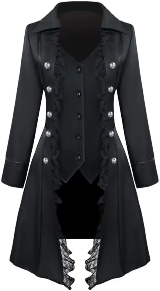 Women's Steampunk Trench Coats with Lace Trim Long Sleeve Vampire Cosplay Lapel Long Winter Jacket Halloween Costume