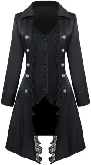 Women's Steampunk Trench Coats with Lace Trim Long Sleeve Vampire Cosplay Lapel Long Winter Jacket Halloween Costume