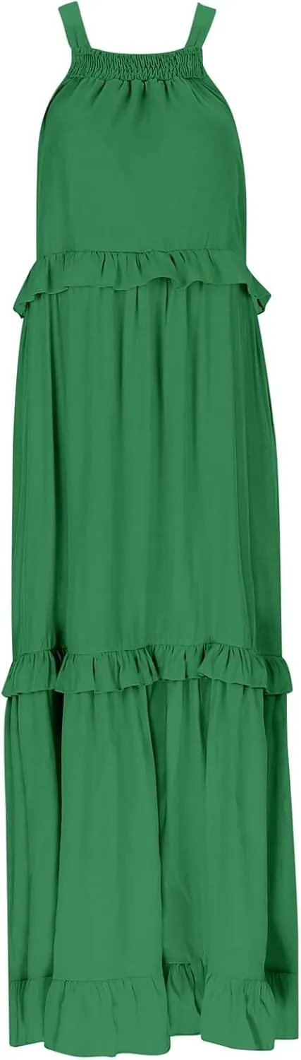 Womens Summer Boho Halter Maxi Dresses 2024 Casual Sleeveless Pleated Tiered Flowy Beach Vacation Long Dress