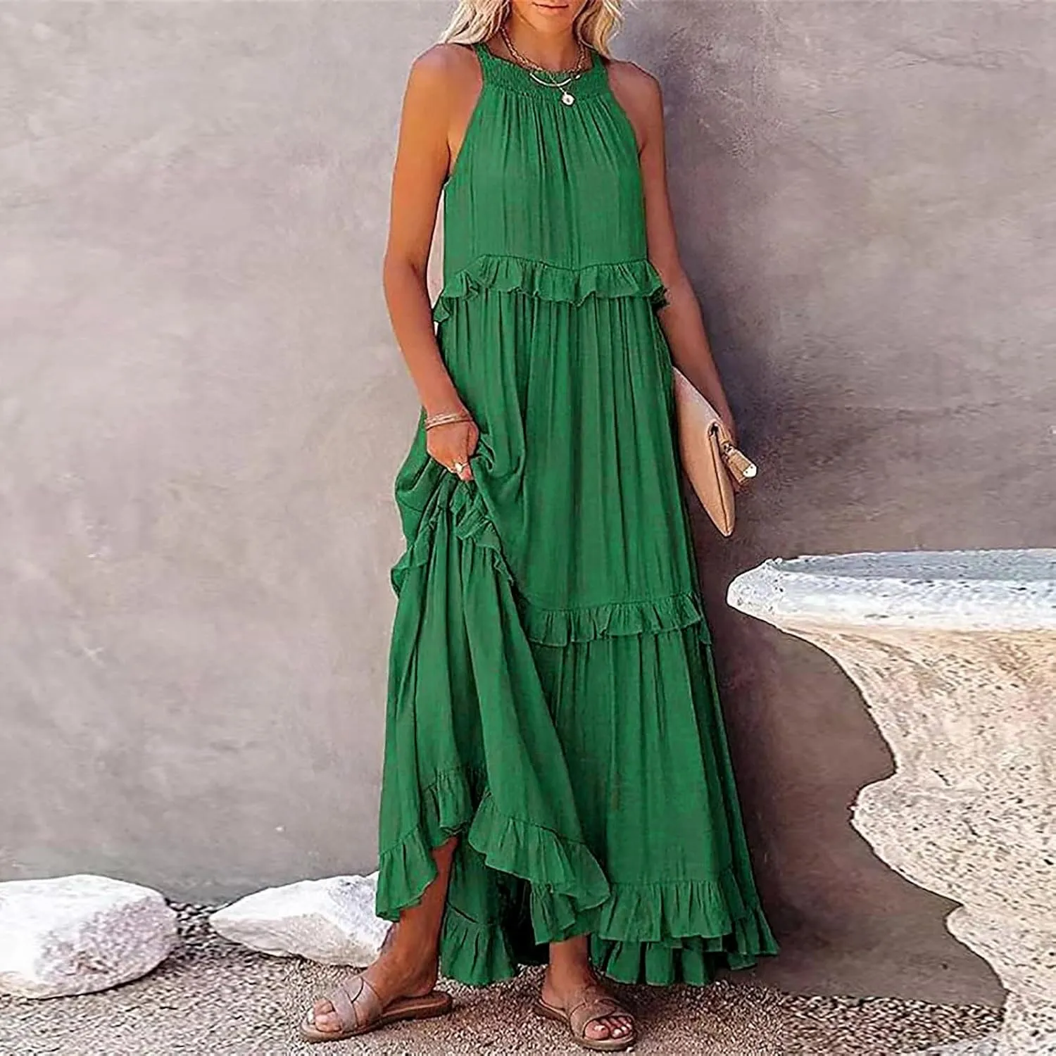 Womens Summer Boho Halter Maxi Dresses 2024 Casual Sleeveless Pleated Tiered Flowy Beach Vacation Long Dress