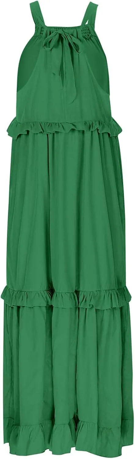 Womens Summer Boho Halter Maxi Dresses 2024 Casual Sleeveless Pleated Tiered Flowy Beach Vacation Long Dress