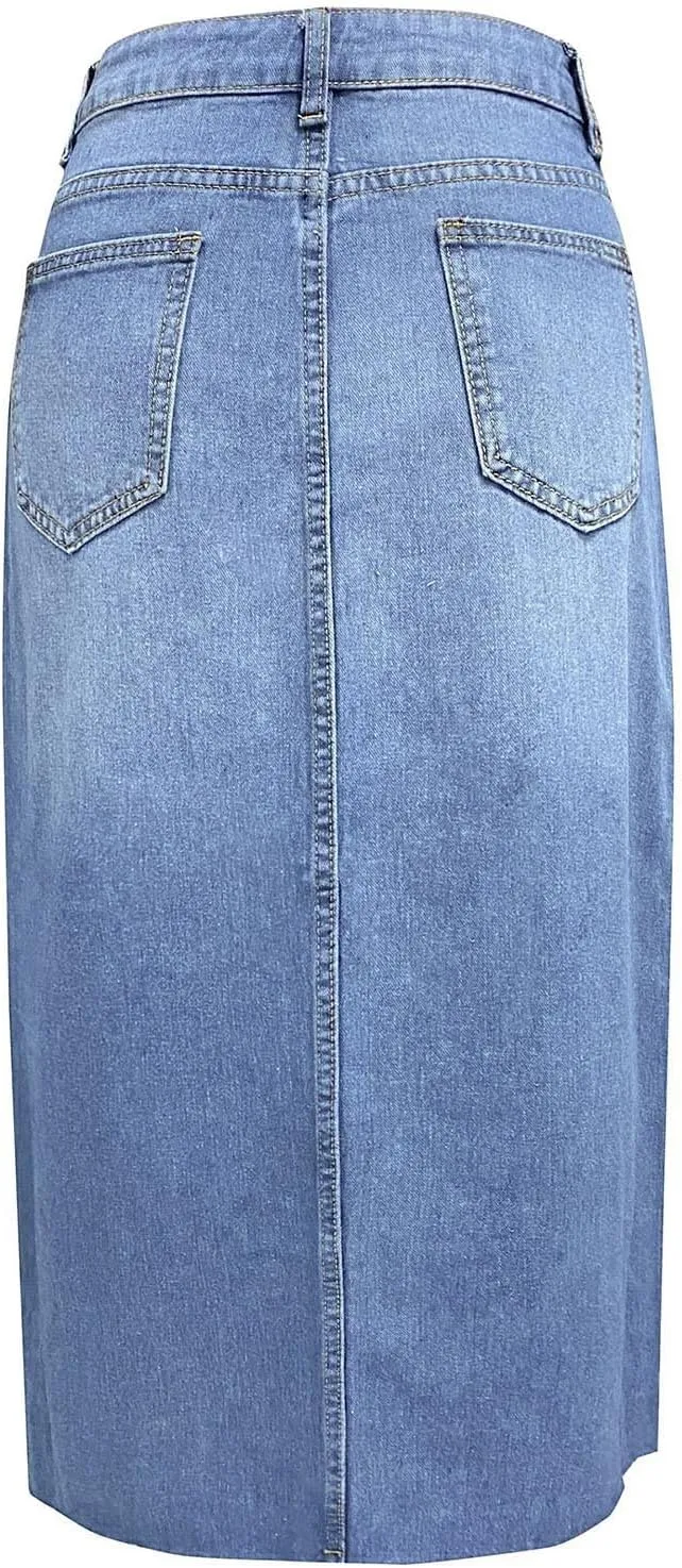 Women's Summer Casual Midi Denim Skirt High Waist Solid Split Skirts
