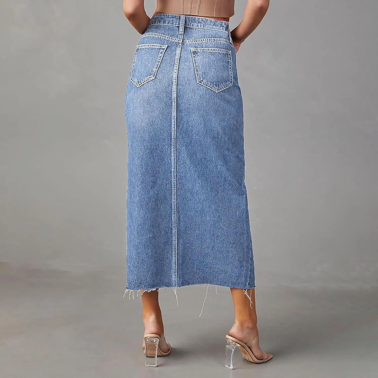 Women's Summer Casual Midi Denim Skirt High Waist Solid Split Skirts