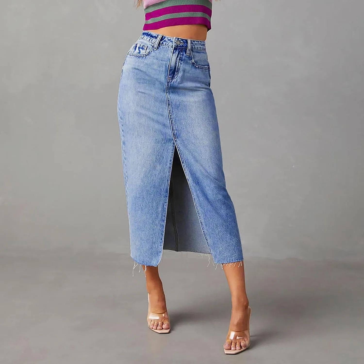 Women's Summer Casual Midi Denim Skirt High Waist Solid Split Skirts