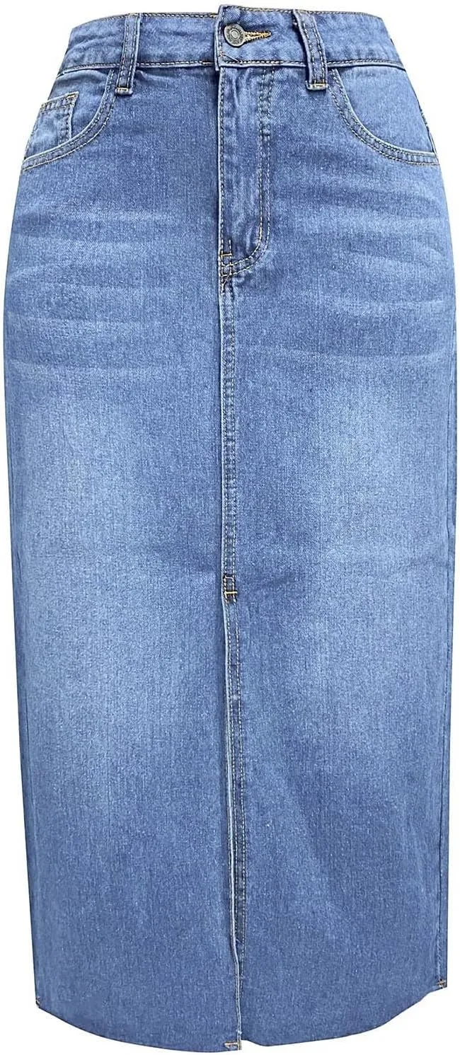 Women's Summer Casual Midi Denim Skirt High Waist Solid Split Skirts
