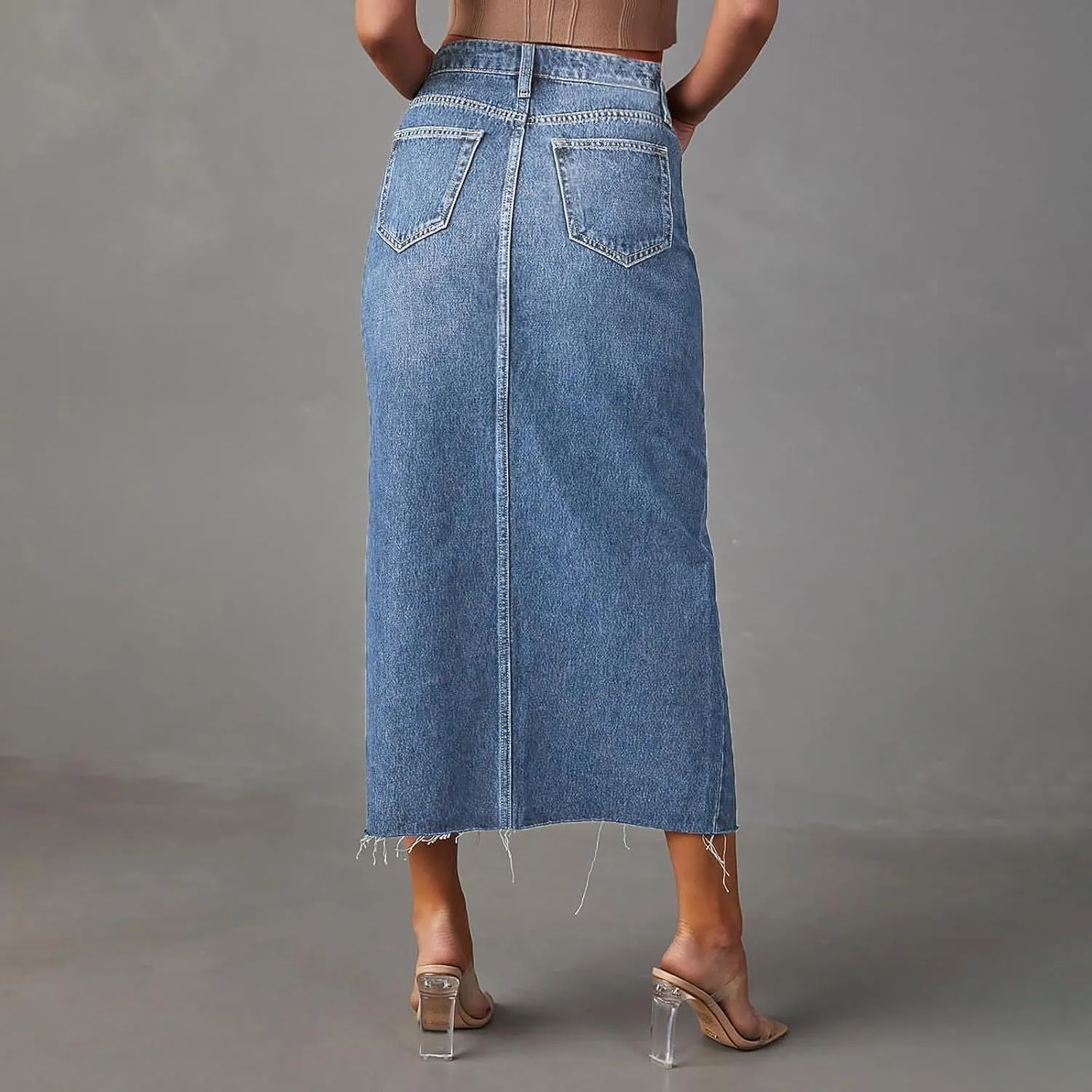 Women's Summer Casual Midi Denim Skirt High Waist Solid Split Skirts