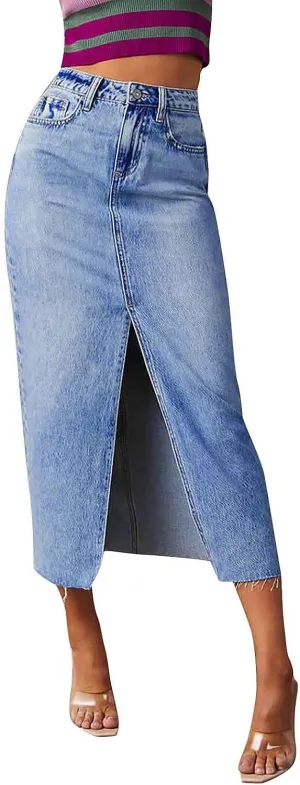 Women's Summer Casual Midi Denim Skirt High Waist Solid Split Skirts