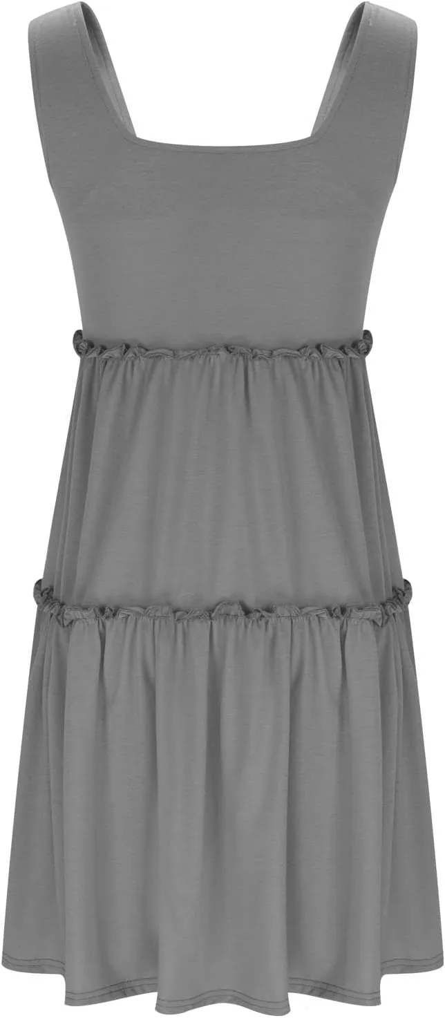 Womens Summer Dresses 2025 Sleeveless Square Neck Smocked Ruffle Tiered Casual Swing Mini Dress Beach Boho Sundress