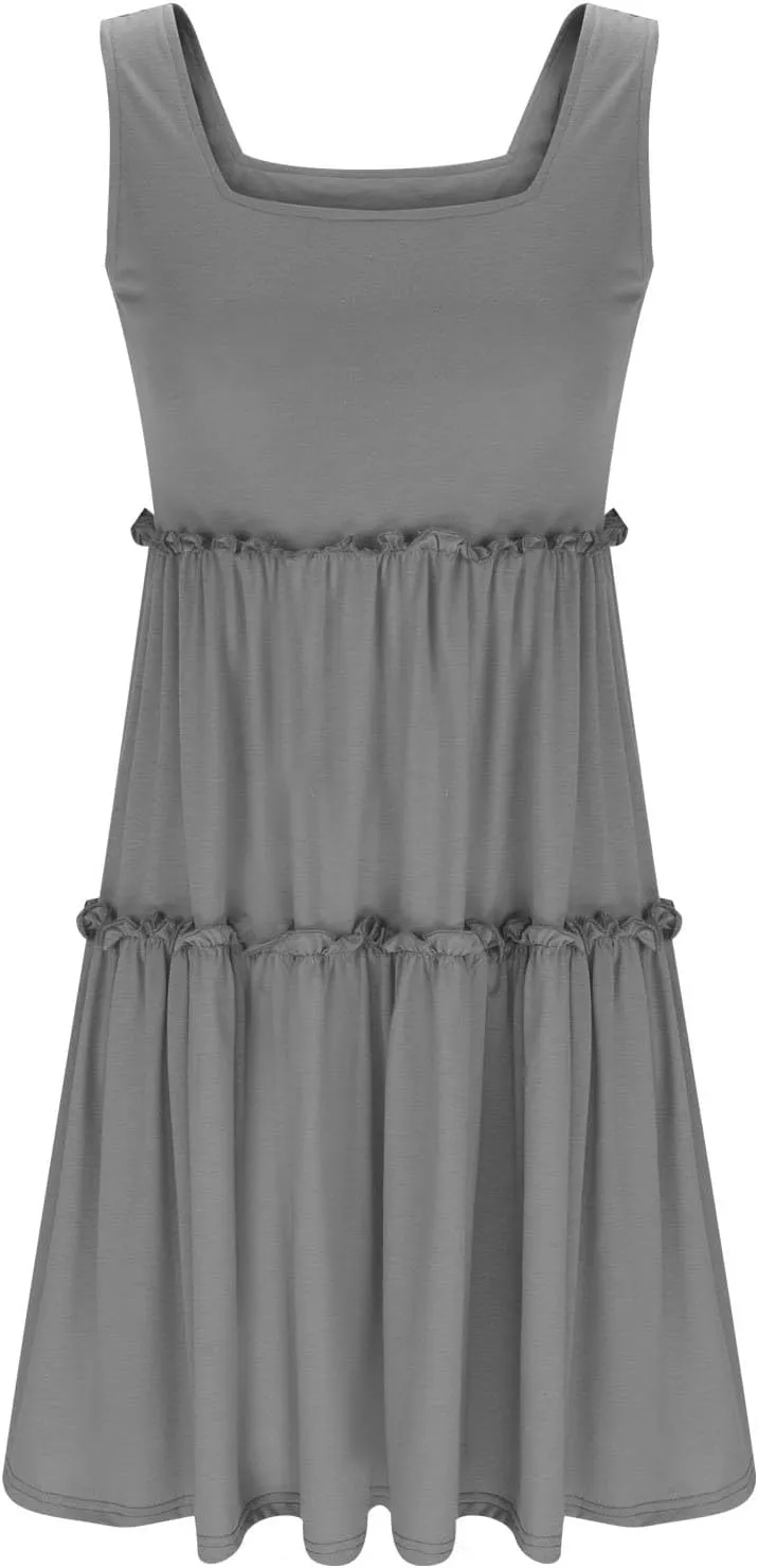 Womens Summer Dresses 2025 Sleeveless Square Neck Smocked Ruffle Tiered Casual Swing Mini Dress Beach Boho Sundress