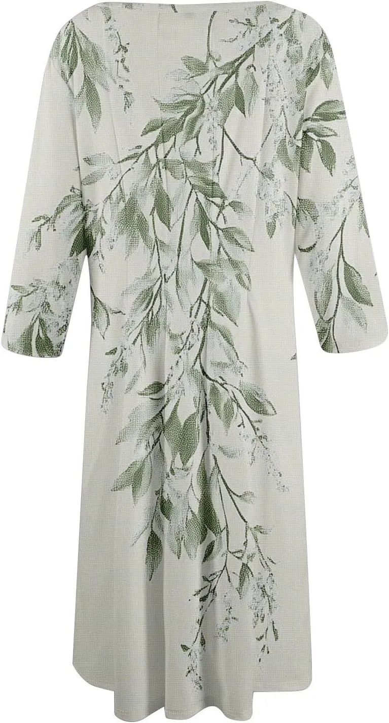 Womens Summer Dresses Beach Round Neck 3/4 Sleeve Midi Dresses A Line Dress Spring Floral Flowy Dress with Pocket