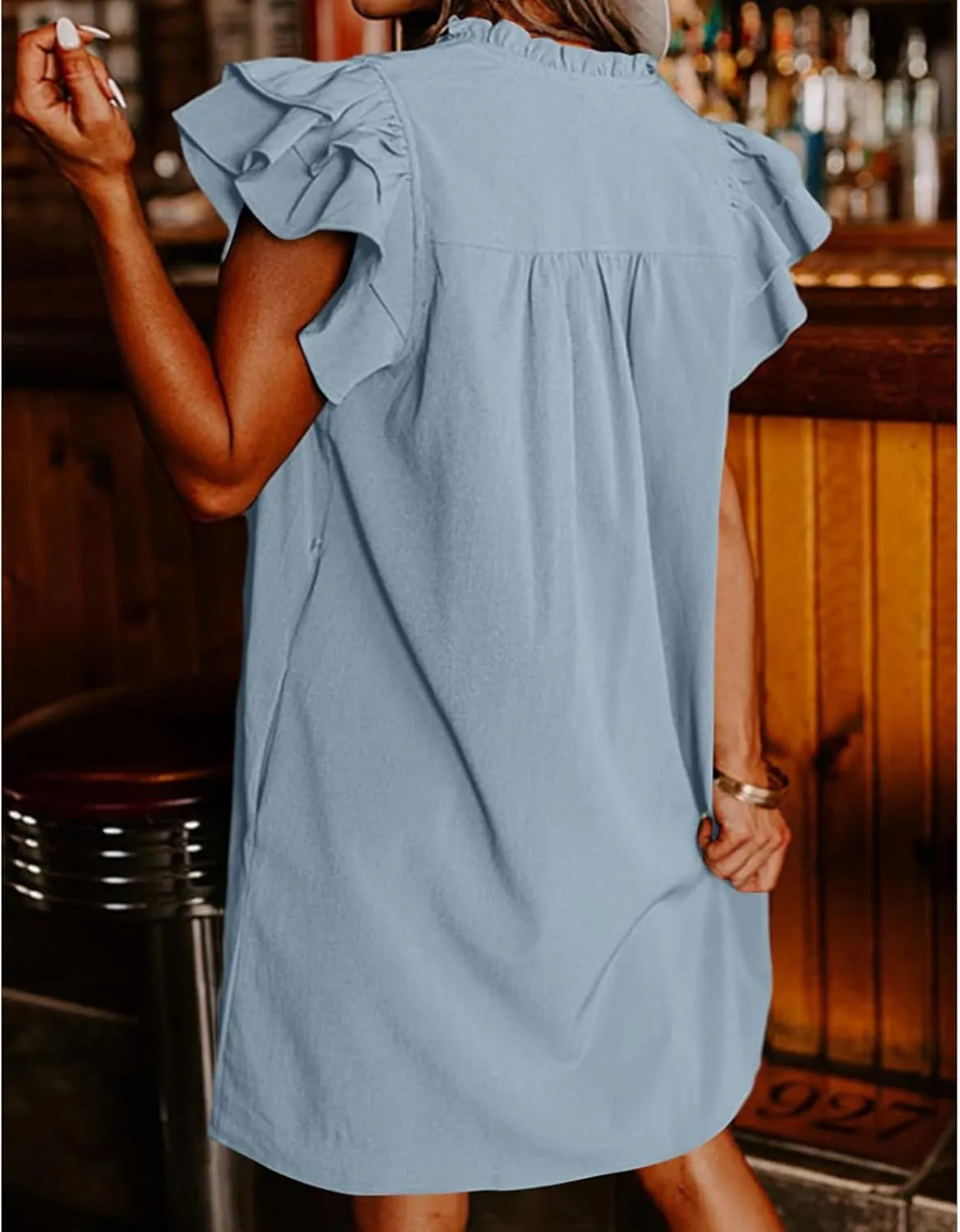 Womens Summer Dresses Casual V Neck Ruffle Cap Short Sleeve Mini Dress Smocked A Line Flowy Sundress with Pockets