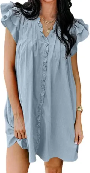 Womens Summer Dresses Casual V Neck Ruffle Cap Short Sleeve Mini Dress Smocked A Line Flowy Sundress with Pockets