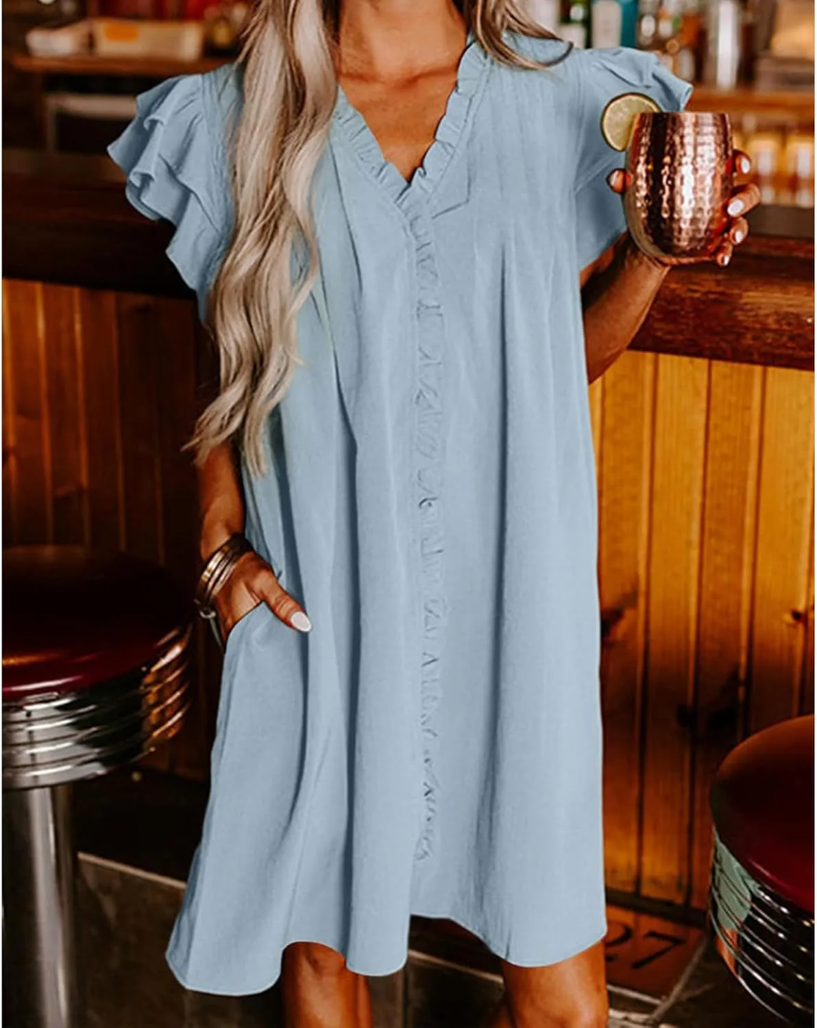 Womens Summer Dresses Casual V Neck Ruffle Cap Short Sleeve Mini Dress Smocked A Line Flowy Sundress with Pockets