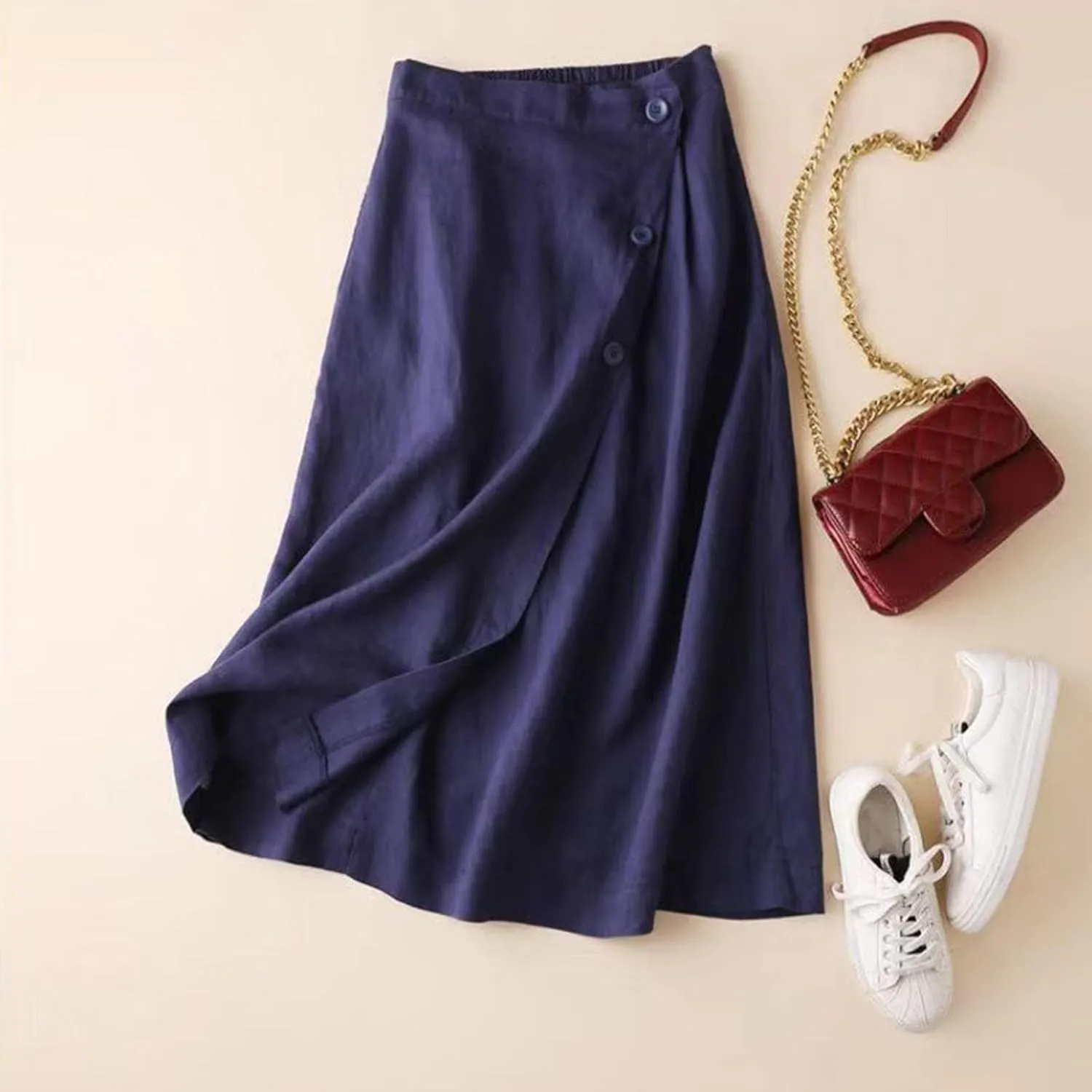 Women's Summer Elastic Swing Midi A Line Skirt Button Front High Waist Skirts Casual Trendy Beach Western Skirts