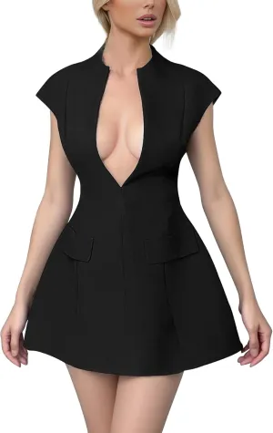 Women's Summer Sexy Mini Dress - Elegant Cap Sleeve Deep V Neck Zipper A-line Night Out/Club Party Dress